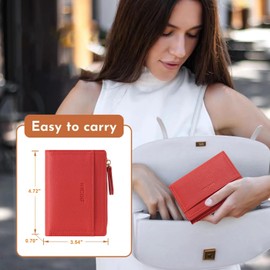 HKCLUF Small Wallet for Women, PU Leather with Multiple Card Slots, Wallet for Women, Slim Credit Card Holder, Bifold Compact Purse with Zip, A9-red, Casual