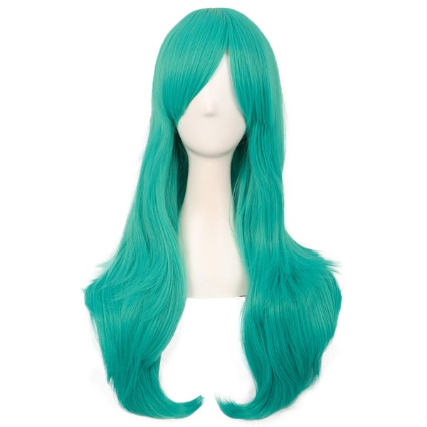 MapofBeauty 28 Inch/70cm Women Side Bangs Long Curly Hair Cosplay Wig (Teal Green)