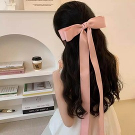 Xduargs Long Satin Silk Bow Hairclip Barrette Vintage Silk Satin Bow Hair Clip Long Tails Ribbon Bow Hairclip Pin Silky Satin Hair Bow Clips French Handmade Long Bow Hair Accessories for Women (Pink)