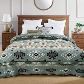 CASAAGUSTO Boho Sherpa Throw Blanket, Aztec Queen Blanket, Ultra Soft, Warm, Cozy, Plush, Thick Fleece Bohemian Throw Blanket for Couch, Bed, Sofa (Olive Green 90 * 90 Inch)