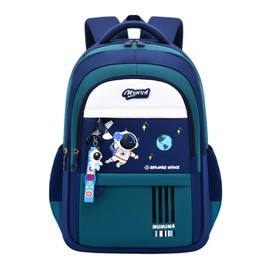 Space Childrens Backpacks for Boys, Multi-Pocket Astronaut Boys School Bags Backpacks with Chest Strap, Dark-Blue+Green