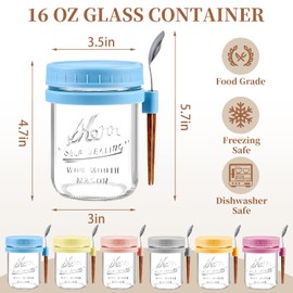 AsstarJTK 6 Pack Overnight Oats Containers with Lids and Spoons - 16 Oz Glass Mason Jars for Overnight Oats Airtight Jars Leak Proof Oatmeal Container Meal Prep Jar for Yogurt,Milk,Cereal,Fuirt,Salad
