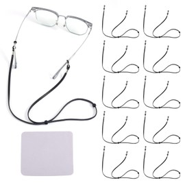 10pcs Eyeglasses Straps, Adjustable Eye Glasses Holders Around Neck Premium Leather Retainer String with Cleaning Cloth Universal Black Sunglasses Lanyard Glasses Chain Eyewear Rope for Men Women