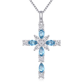 ZDaoBen Women's Cross Necklace, Sterling Silver, Cubic Zirconia, Sea Blue, Star Cross, Birthstone, Valentines Day Gift