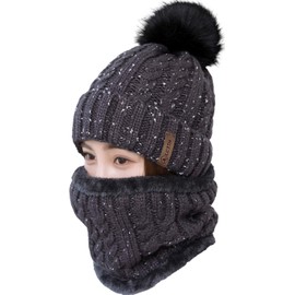 LCZTN Womens Pom Beanie Hat Scarf Set Girls Cute Winter Ski Hat with Fleece Lined