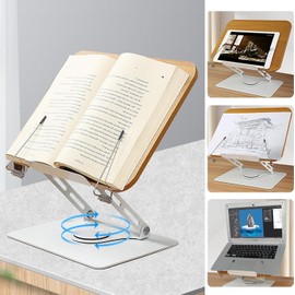 Book Stand for Reading, Book Holder Bookstand Recipe Holder Adjustable with 360° Swivel Base&Page Clips, Music Stand Large Notebook Stand Foldable Wooden Textbook Stand for Tablet Laptop Cookbook