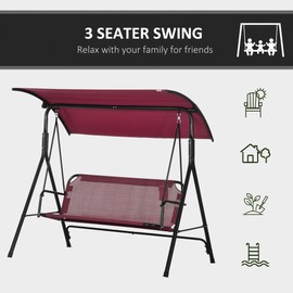 3-Person Porch Swing Bench with Stand & Adjustable Canopy, Armrests, Steel Frame for Outdoor, Garden, Patio, Porch & Poolside, Wine Red