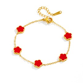 IENRGJ 18k Gold Plated Clover Bracelet for Women, Flower Bracelets for Women, Adjustable Gold Lucky Bracelet for Women (Red, Adjustable)