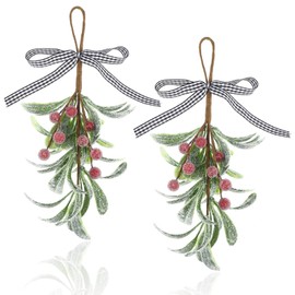 GEEHUA 2 Pcs Christmas Mistletoe Decor, Xmas Mistletoe Hanging Ornament with Plaid Bow, Artificial Red Berry Mistletoe Decorations Glitter Christmas Tree Accessories Mistletoe Kissing Ball(White)