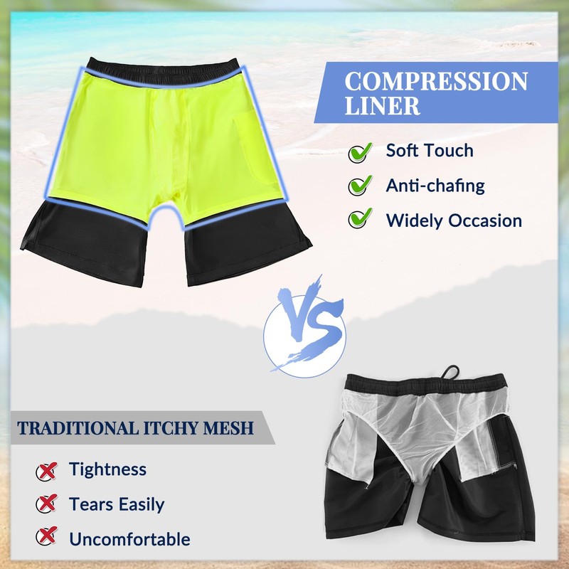 Meegsking Mens Swim Trunks with Compression Liner - 2 in1