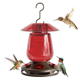 Hummingbird Feeder, Auslar 16 Ounces Glass Hummingbird Feeders for Outdoors Hanging, Red Hummingbird Feeder with 5 Flower Feeding Ports & Built-in Ant Moat, Rustproof, Leakproof, Barn Lantern Shape