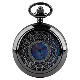 Tiong Quartz Pocket Watch Hollow Blue Star Steampunk Pocket Watch and Chain Birthday Gifts