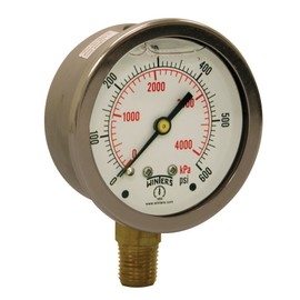 Winters PFQ Series Stainless Steel 304 Single Scale Liquid Filled Pressure Gauge with Brass Internals, 0-600 psi, 2-1/2" Dial Display, +/-1.5% Accuracy, 1/4" NPT Bottom Mount
