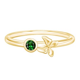 AFFY Round Cut Simulated Emerald Stacking Butterfly Bezel Set Engagement Ring in 14k Yellow Gold Over Sterling Silver for Women Ring Size-11.5