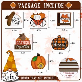 Guoofu 7 Pcs Fall Thanksgiving Tiered Tray Decor, Autumn Harvest Blessed Pumpkin Acorn Farmhouse Wood Decorations Set, Gather Together Maple Leaves Rustic Wooden Decorative Signs for Home Table Shelf