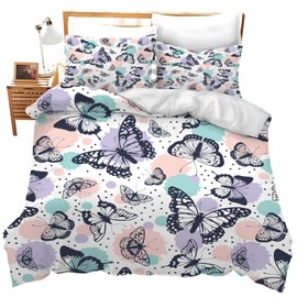 Wosabee Butterfly Bedding Set Butterfly Comforter Set Cover Queen Size Butterfly Duvet Cover with 2 Pillow Cases for Women Girls Kids and Adults Soft Quilt Cover for Bedroom Bed Decoration