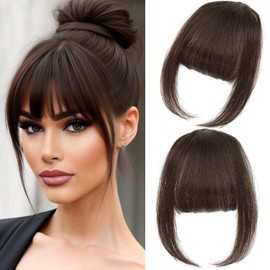Clip in Bangs, 100% Real Human Hair Wispy Fake Bangs Hair Clip for Women Dark Brown Natural Curtain Fringe with Temples Hairpieces for Daily Wear (Wispy, Dark Brown)