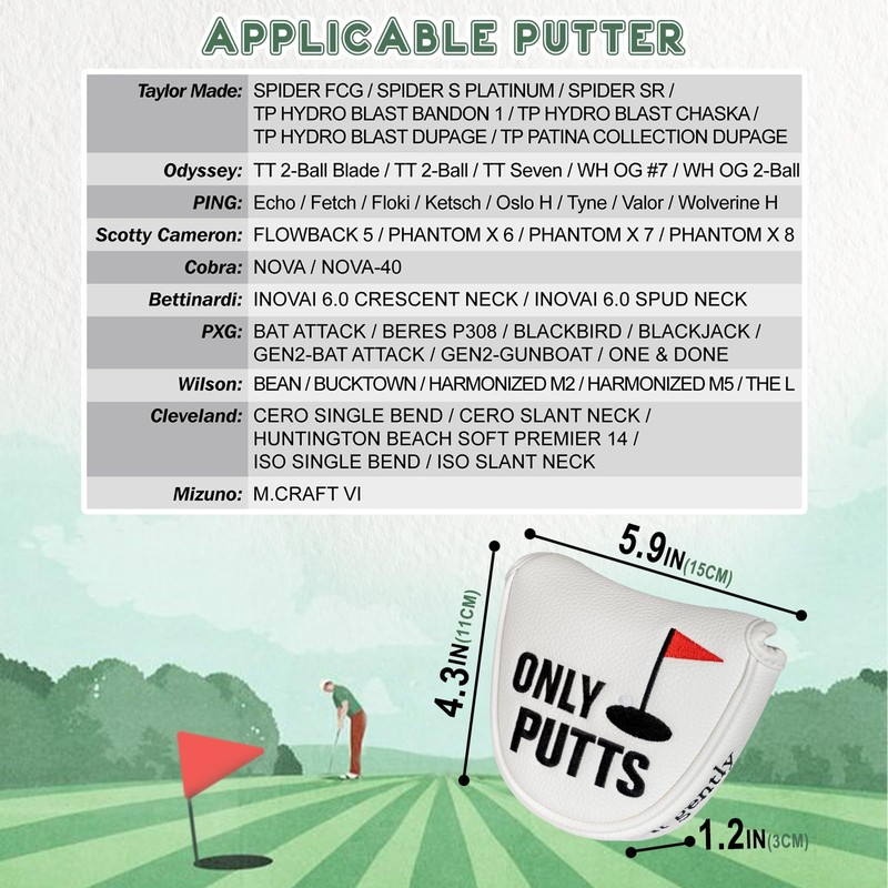 Golf Putter Club Head Cover Mallet Magnetic White PU Leather