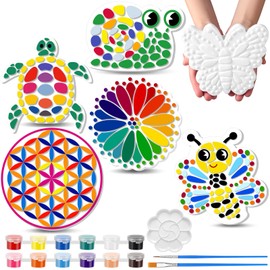 PullCrease 6 Pack Paint Your Own Plaster Stones - Kids Summer Arts and Crafts Garden Handprint Stepping Stone Painting Kit DIY Ceramic Craft Pottery Outdoor Painting Gifts for Kids Ages 4-12