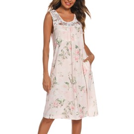 YOZLY Women's Nightgowns Sleeveless Tank Night Gown Lace Sleepwear Nightdress, Floral Pink, Medium