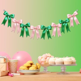 2 Strings of 16PCS Pink&Green Bow Garlands Banner Wicked Party Decoration,Pre-Strung Satin Ribbon Ornaments for Birthday,Bachelorette Party,Wedding,Engagement,Baby Shower,Graduation Decor,Anniversary