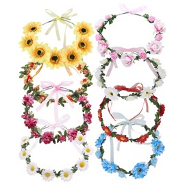 Paquete de 8 coronas de flores bohemias con lazo, diademas, guirnalda de pelo, diadema para boda, novia, tiara, girasol, margarita, hibisco, diademas, accesorios de fiesta hawaiana para niños, mujeres y niñas