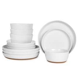 Yinshine Ceramic Dinnerware Sets for 4, 12 Pieces Porcelain Plates and Bowls Set with Rustic Terracotta Underside, Scratch Resistant Stoneware Dishes Set, Dishwasher & Microwave Safe,White(Brown)