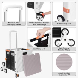 FELICON SELORSS Folding Utility Cart Portable Rolling Crate Handcart with Stair Climbing Wheels&360°Swivel Wheels Telescoping Handle Plastic Box Dolly for Travel Shop Move Office Teacher Use(White)