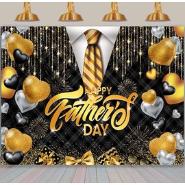 BINQOO Happy Father's Day Backdrop Love Dad Black Golden Tie Heart Photography Background Thanks Dad Fathers Day Family Party Banner Family Photo Supplies (7x5FT)