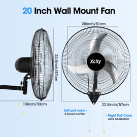 Xcity 20 inch Industrial Wall Mounted Oscillating Fan, 3-Speed, High Velocity, Max 5500 CFM, Adjustable Tilt, Heavy Duty Metal Outdoor Fans for Patio, Garage, Workshop, Warehouse, Black
