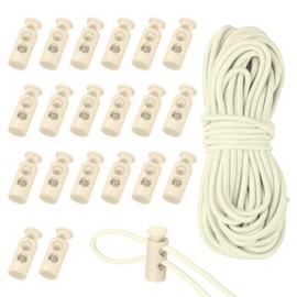 sourcing map 20 Pcs Plastic Cord Locks & 5M/16 ft Elastic Cord, Double-Hole Toggles for Drawstrings End Stopper Fastener Slider Toggles Clip for Shoelaces Backpacks Replacement, Beige