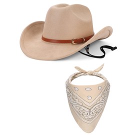 Ibeauti Cowboy Hat with Fringed Bandana Set for Women Wide Brim Western Cowgirl Hat Paisley Head Wrap Scarf (Suede Fabric-Camel)