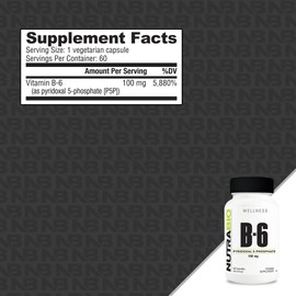 NutraBio NutraBio Vitamin B6 P5P (Pyridoxal 5-Phosphate), 100mg per Serving, B6 Vitamins, Coenzyme B6, Vitamin B6 100mg Supplement - 60 Vegetable Capsules