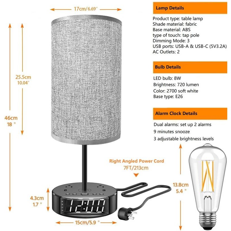 Alarm Clock Lamp with USB-A and USB-C Charger and Outlets