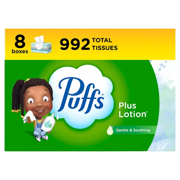 Puffs Plus Lotion Facial Tissues, 8 Family Boxes, 124 Facial Tissues per Box (Packaging May Vary)