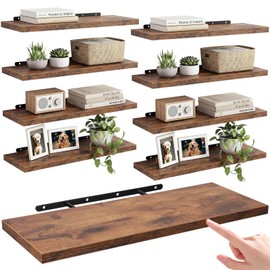 Sliner 8 Pcs 16'' Floating Shelves for Wall with Invisible Brackets, Rustic Wood Deep Wall Mounted Shelves for Home Decor, Storage & Display, Bookshelf for Bedroom, Bathroom, Living Room, Kitchen