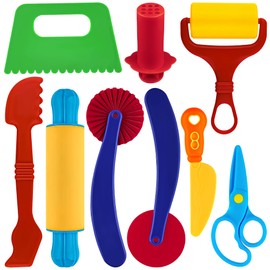 Oun Nana Playdough Tool Kit for Kids, 9 PCS Basic Playdough Starter Set, Playdough Accessories with Pizza Cutter, Safety Scissors, Rolling Pin, Roller, Dough Scraper, Dough Extruder, Plastic Knife