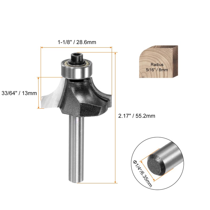 sourcing map Roundover Router Bit 1/4 Shank 5/16" Radius Carbide