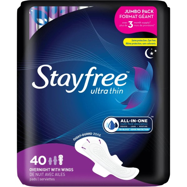 Branded Stayfree Ultra Thin Overnight Pads With Wings, 40 Ct,