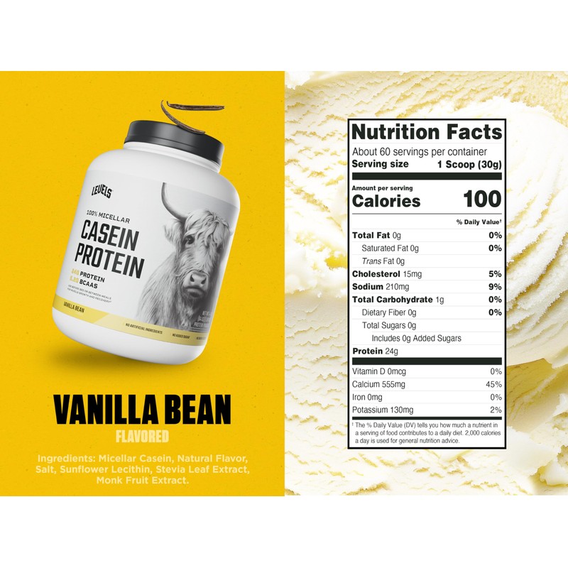 Levels 100% Micellar Casein Protein, Hormone Free, Vanilla Bean, 4LB
