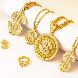 Riuziyi 6 Pack Fake Gold-Colored Dollar Sign Chain Necklace Ring for 80s 90s Hip Hop Costumes Outfit, Rapper Jewelry for Men Women (GoldColor)