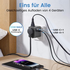 Goneo Travel Adaptor Worldwide 20 W Universal Travel Plug with 2 USB 1 Type A 1 AC Socket International Socket Adapter for EU UK US AU Automatic Reset Eight Protection Layers Dark Grey