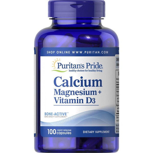 Puritan's Pride Calcium Magnesium Citrate Plus Vitamin D3 | Rapid Release Capsules | Dietary Supplement | Healthy Organic Supplement | Bone Active | Bone Density Supplement - 100 Count