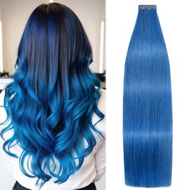 Aison Tape in Hair Extensions Blue 100% Remy 22 Inch Human Hair Extensions Silky Straight for Fashion Women 20 Pcs/Package(22Inch #Blue 60g)