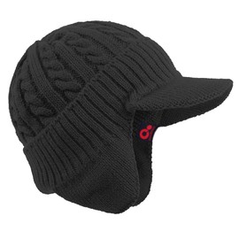 Janey&Rubbins Winter Outdoor Sports Visor Beanie with Earflaps Knit Ski Hat with Brim Fleece Lined Skull Cap (Black)