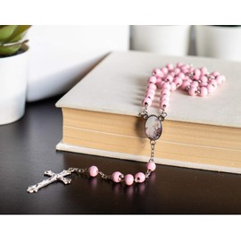 MTT Baptism Rose Petal Scented Pink Rosary Favor - 12 PCS Wood Rosaries with Individual Gift Box/Recuerdos de mi Bautizo
