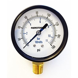 Industrial Pressure Gauges,2-1/2" Dial, 0-160 Psi/Kpa/bar Range, 2.5% Accuracy, 1/4" Male NPT Connection,Lower Mount,Brass Internal Parts,Black Steel Case