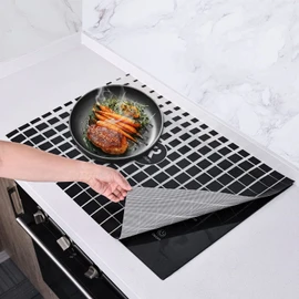 KitchenRaku Checkered Large Induction Cooktop Protector Mat with Plastic Bowl Scraper, (Magnetic) Electric Stove Burner Covers (Monochrome Checkered Pattern, 20.8x24 inch)