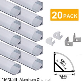 hunhun 20-Pack 3.3ft/1Meter V Shape LED Aluminum Channel System with Milky Cover, End Caps and Mounting Clips, Aluminum Profile for LED Strip Light Installations, Very Easy Installation
