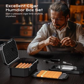 Travel Cigar Case with Cigar Lighter, V Cigar Cutter, Cigar Holder 3-in-1, Ashtray, 2-in-1 Punch & Draw Enhancer Tool, Humidifier, Hygrometer, Cigar Humidor Box with Accessories Set for Men Gift